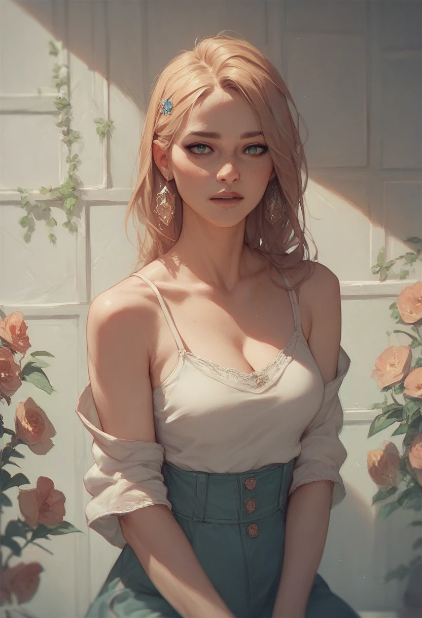Cowboy Shot,beautiful and detailed illustration,pop art,masterpiece, best quality, ultra-detailed,soft lighting,<lyco:GoodHands-beta2:0.8>, <lora:add_detail:0.3> ,(1girl), (blonde hair, green eyes, flat_chest),, dynamic pose, dynamic angle, lipstick, slim, slim body, medium breasts, (Floral_wrap_top:1.5),(Midi_skirt:1.4),(Beaded_bracelets:1.3),(Garden_party_background:1.5), detailed background, realistic, solo, hair ornament, rolling_eyes, cross-eyed,stylish pose
