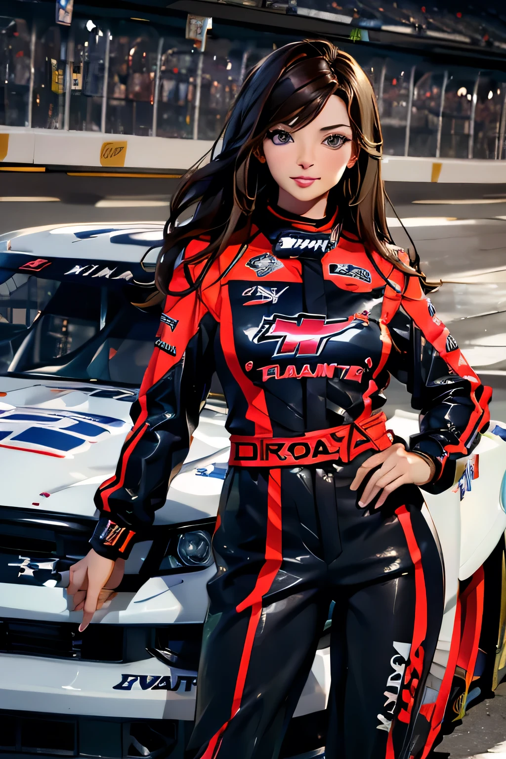 Beautiful brunette girl . She is 30 years old .black eyes . She's wearing a racing suit . race She's driving a NASCAR . Participates in the .