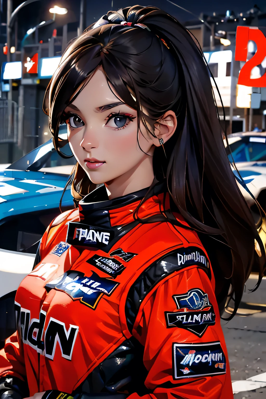 Beautiful brunette girl . She is 30 years old .black eyes . She's wearing a racing suit . race She's driving a NASCAR . Participates in the .