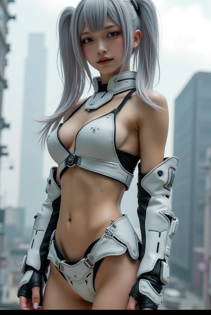 ((highest quality)), (masterpiece)), (detailed:1.4), 3D, beautiful cyberpunk woman image、(european:2)、(Skin exposed:1.3)、Battle Jacket、cute、(detailedな顔:1.5)、silver hair、HDR,ray tracing,NVIDIA RTX,super resolution,unreal 5,Scattered beneath the surface,PBR texturing,Post-processing,anisotropic filtering,Depth of bounds written, maximum clarity and sharpness, multilayer texture, Albedo and specular maps, surface shading, Accurate simulation of light-matter interactions, perfect proportions, octane rendering, two-tone lighting, wide aperture, Low ISO, White balance, Rule of thirds, 8K students, (Circuit Board AI:1.2)、(bare legs)、(spread your legs:1.5)all white ,8k,ultrarealistic,