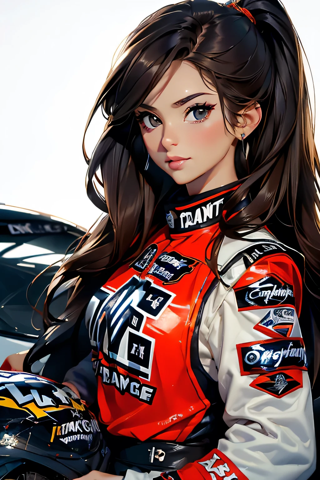 Beautiful brunette girl . She is 30 years old .black eyes . She's wearing a racing suit . race She's driving a NASCAR . Participates in the .