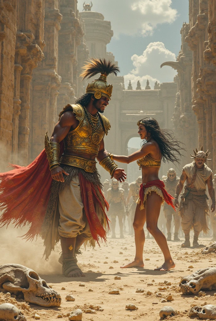 poster film action,portrait of an 1 asian man wearing a gladiator costume carrying a young indonesian woman in pain and injured in the desert,beside it there is a tiger,behind him there is a team,real palace,face in front of the camera