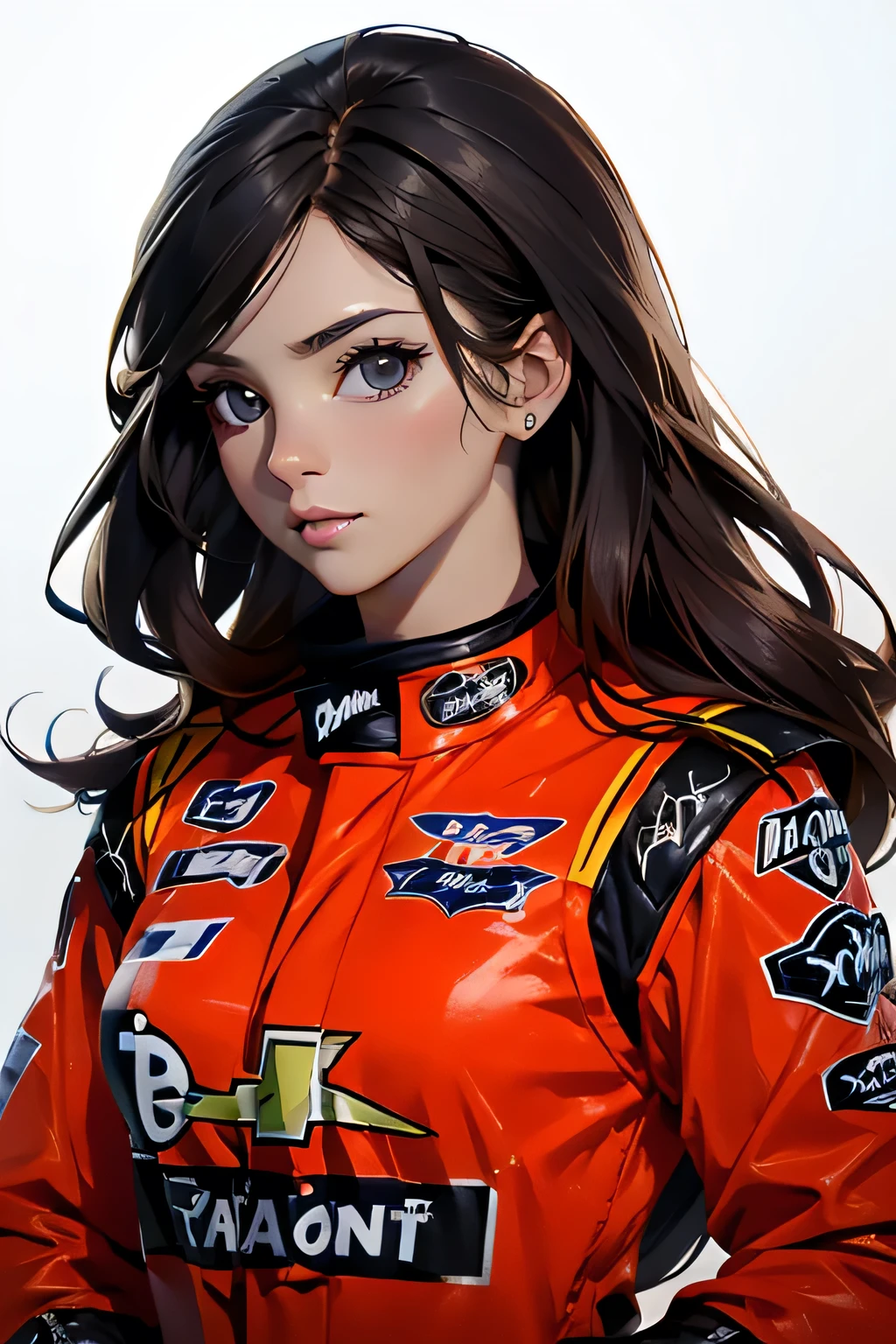 Beautiful brunette girl . She is 30 years old .black eyes . She's wearing a racing suit . race She's driving a NASCAR . Participates in the .