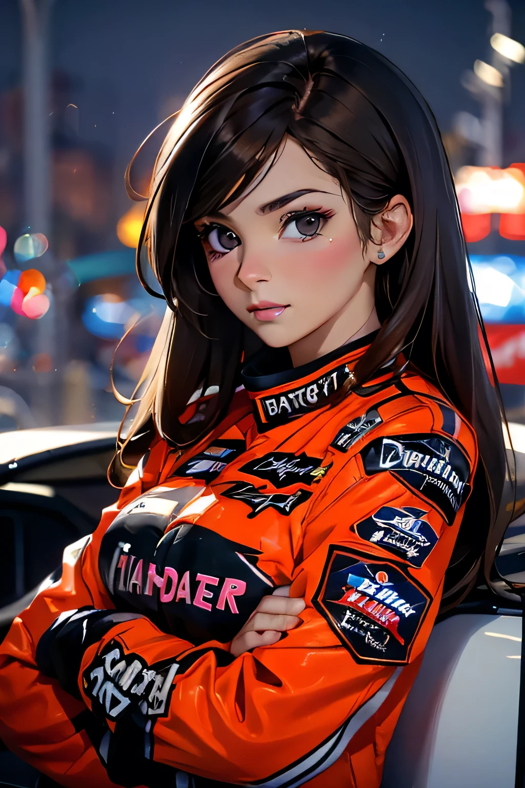 Beautiful brunette girl . She is 30 years old .black eyes . She's wearing a racing suit . race She's driving a NASCAR . Participates in the .