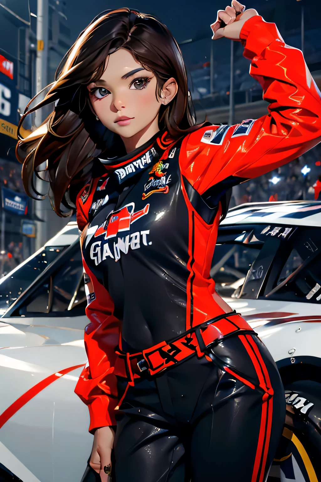 Beautiful brunette girl . She is 30 years old .black eyes . She's wearing a racing suit . race She's driving a NASCAR . Participates in the .