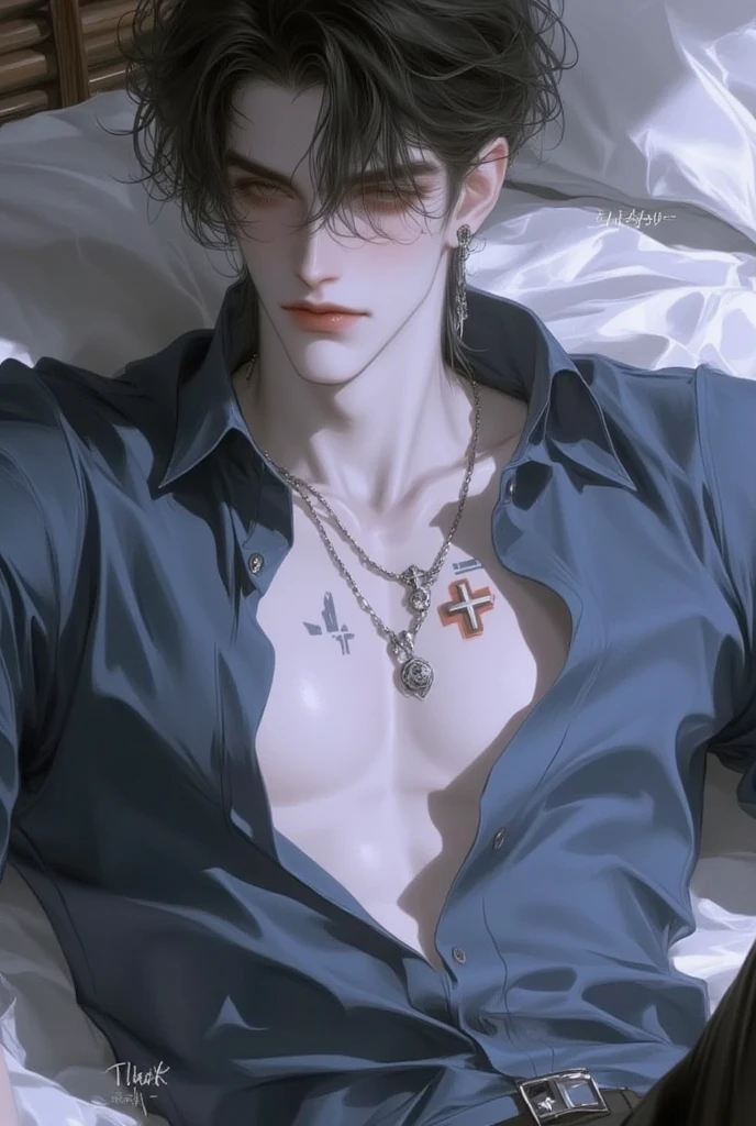 Male figure, teenage young man, white pale skin, grey tousled hair, piercing grey eyes, captivatingly androgynous look. He is adorned with intricate tattoos, piercings and a multitude of silver chains, striking and rebellious aesthetic. He has sweating summer, a flushed expression because summer. [anime dark edgy, fantasy genre, sleep, head on pillow.], [Dramatic lighting, dark color palette, sharp details, textured skin, perfect hand] [Naked, sensual posture]