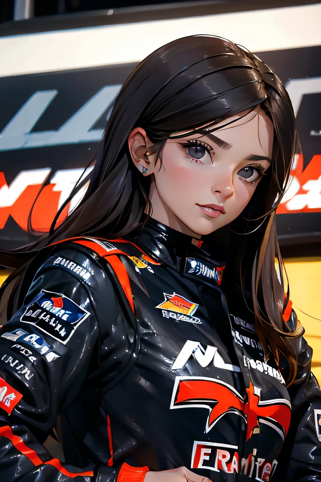 Beautiful brunette girl . She is 30 years old .black eyes . She's wearing a racing suit . She's driving a Formula One car . Participates in the .
