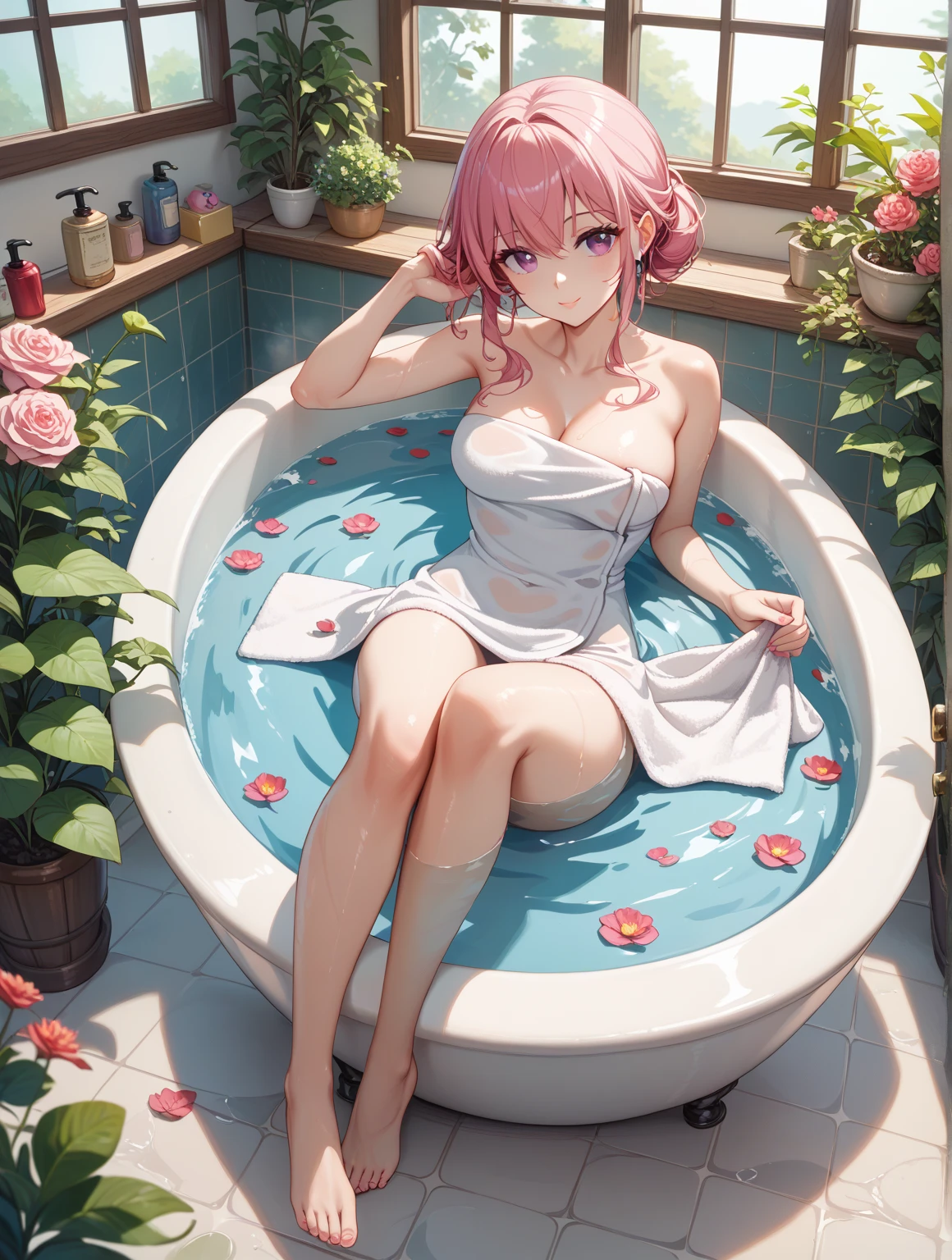 a young woman inside an ample elegant bathtub, the water is filled with pink soapy bubbles. There are plastic duckies floating in the tub and some outside in the room. The room has beautiful tiles with detailed patterns, there is some water splashes and drops. Theres a few flower petals around and cute decor like pink towels and shoes arranged in a corner. She has white hair styled in two buns. is wearing modest clothing with transparent pieces. Overall a magical and illusive scene --auto --s2