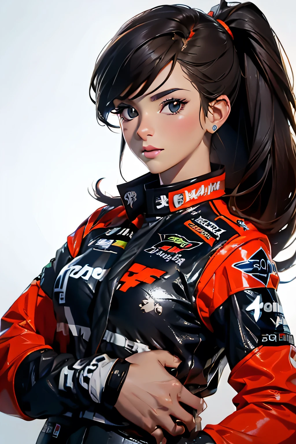 Beautiful brunette girl . She is 30 years old .black eyes . She's wearing a racing suit . She's driving a Formula One car . Participates in the .
