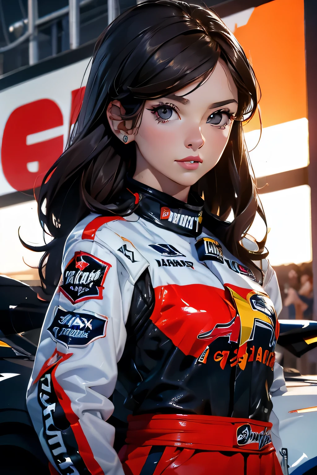 Beautiful brunette girl . She is 30 years old .black eyes . She's wearing a racing suit . She's driving a Formula One car . Participates in the .