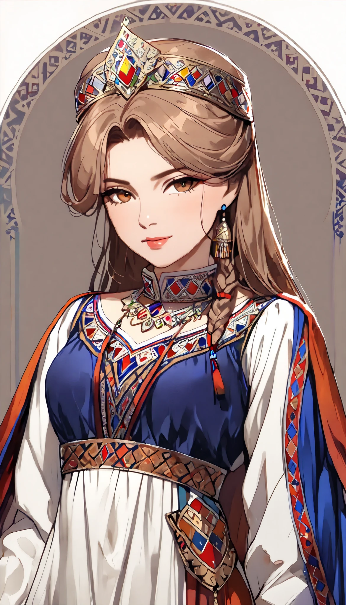 ((top quality)), ((masterpiece)), ( details), (perfect face)、(One woman:1.8)、No background、(There are no people around:1.8)、 that woman is Princess Leona , medium length light brown hair、beautiful Armenians、beautiful woman、 The woman is a beautiful Armenian man wearing an Armenian national costume.