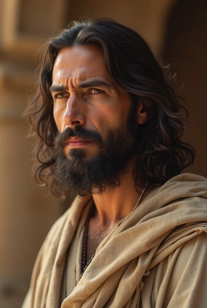 "Ultra realistic, cinematic 8K, of Jesus Christ. A man with lightly tanned skin, deep and serene eyes, long, wavy dark brown hair, a well-defined beard and an expression full of compassion and wisdom. He wears a simple beige linen tunic, with a light cloak in earthy tones, slightly worn by time. He is in profile, the soft lighting highlights his features, enhancing his striking and spiritual presence. The atmosphere conveys serenity and depth, evoking a sense of peace and reflection. Adjustable background according to the scene, always maintaining the cinematic and authentic tone of ancient Jerusalem." Neutral image background