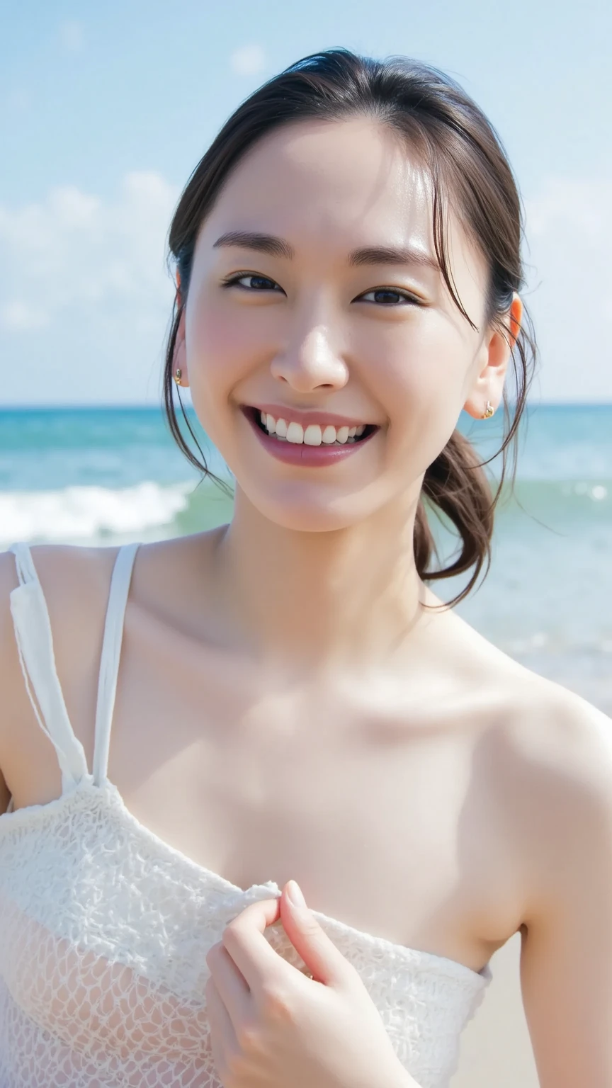 Japanese、beautiful、cute、young、Beautiful leg lines、D cup breasts、Cleavage、Narrow waist、slender、White skin、28 years old、Sandy Beach、smile、Watery eye、Wet lips、Wet bare skin、Sandy Beach、Summer Morning、Crashing Waves、The background is blurred、White dresy whole body is wet