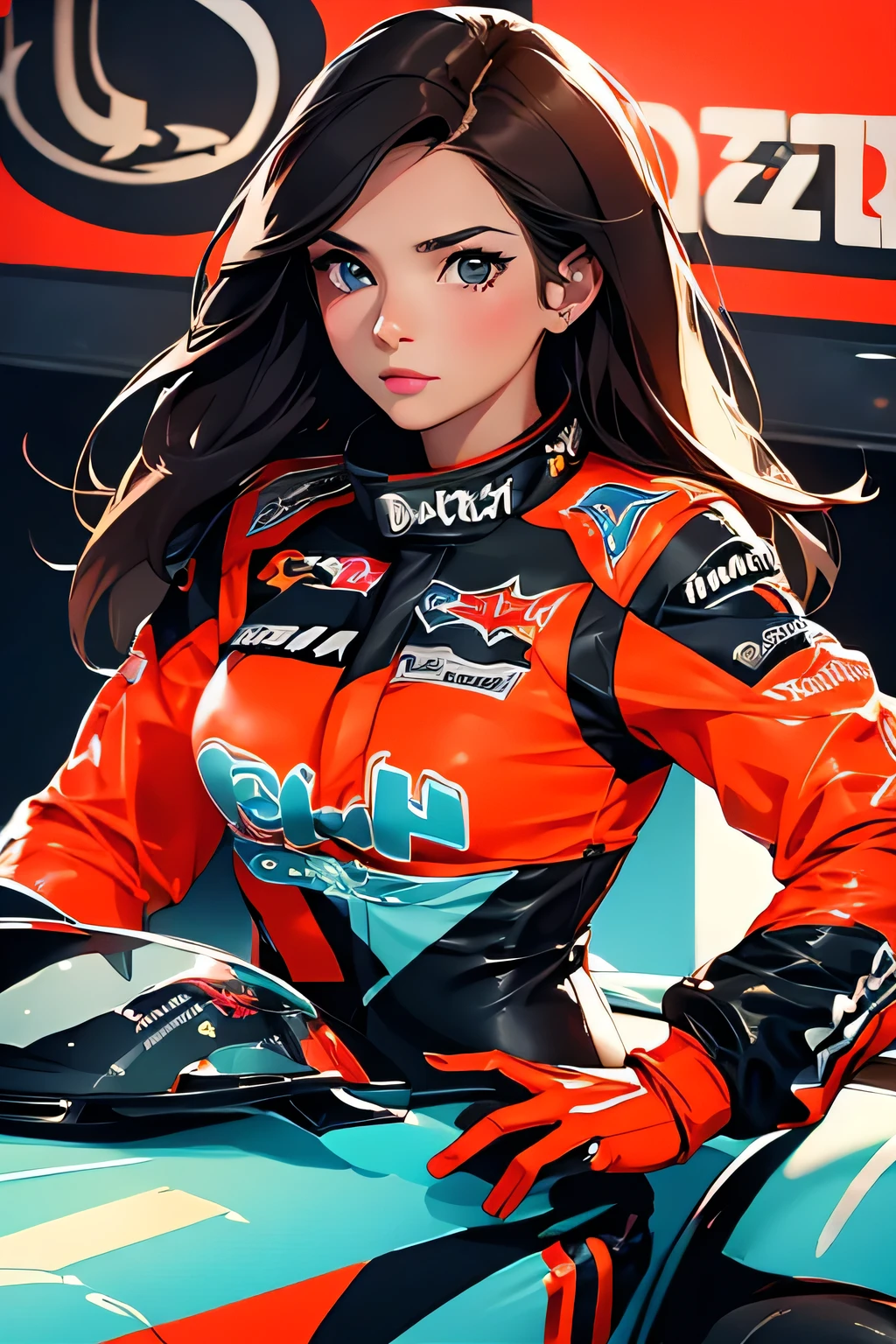 Beautiful brunette girl . She is 30 years old .black eyes . She's wearing a racing suit . She's driving a Formula One car . Participates in the .