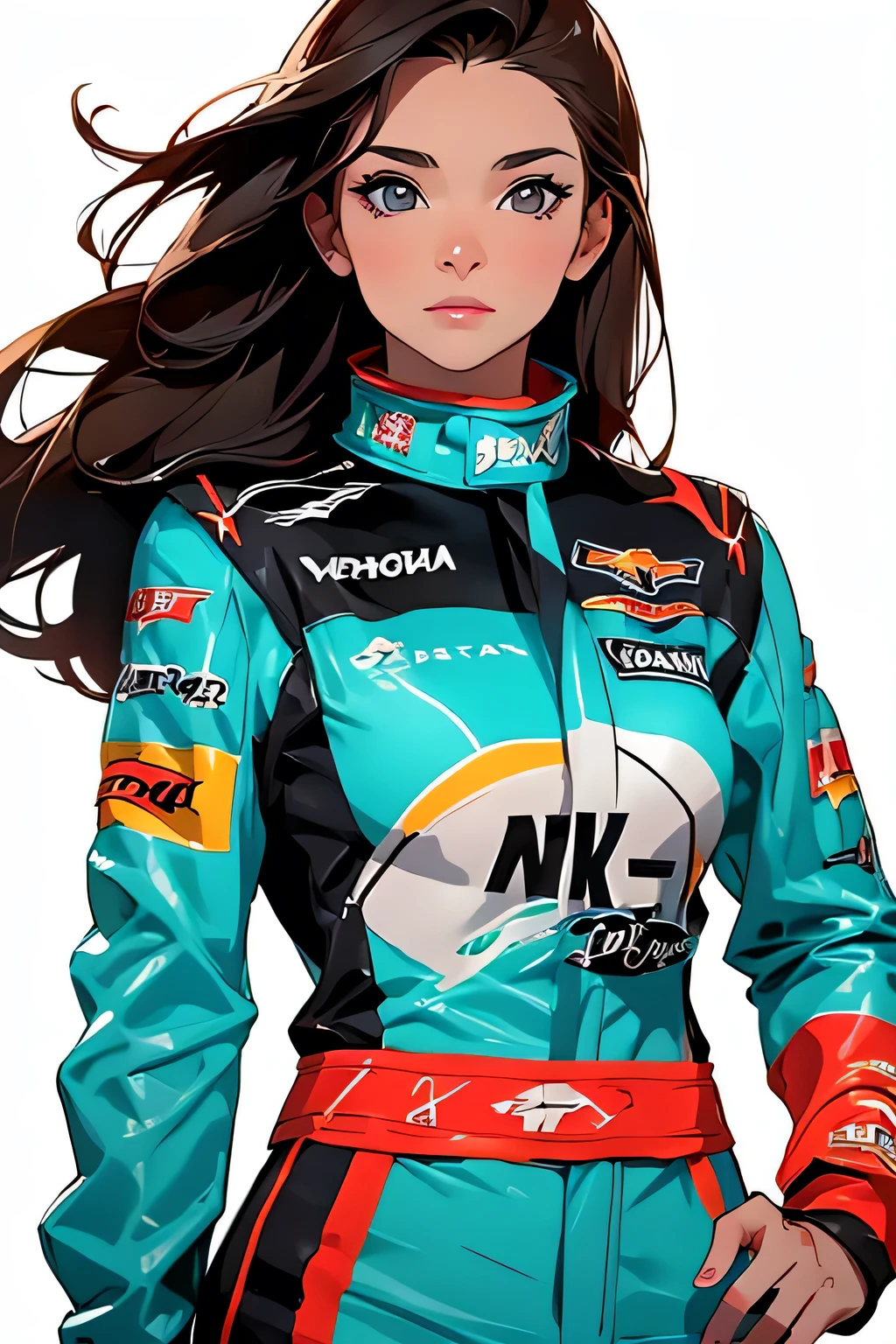 Beautiful brunette girl . She is 30 years old .black eyes . She's wearing a racing suit . She's driving a Formula One car . Participates in the .