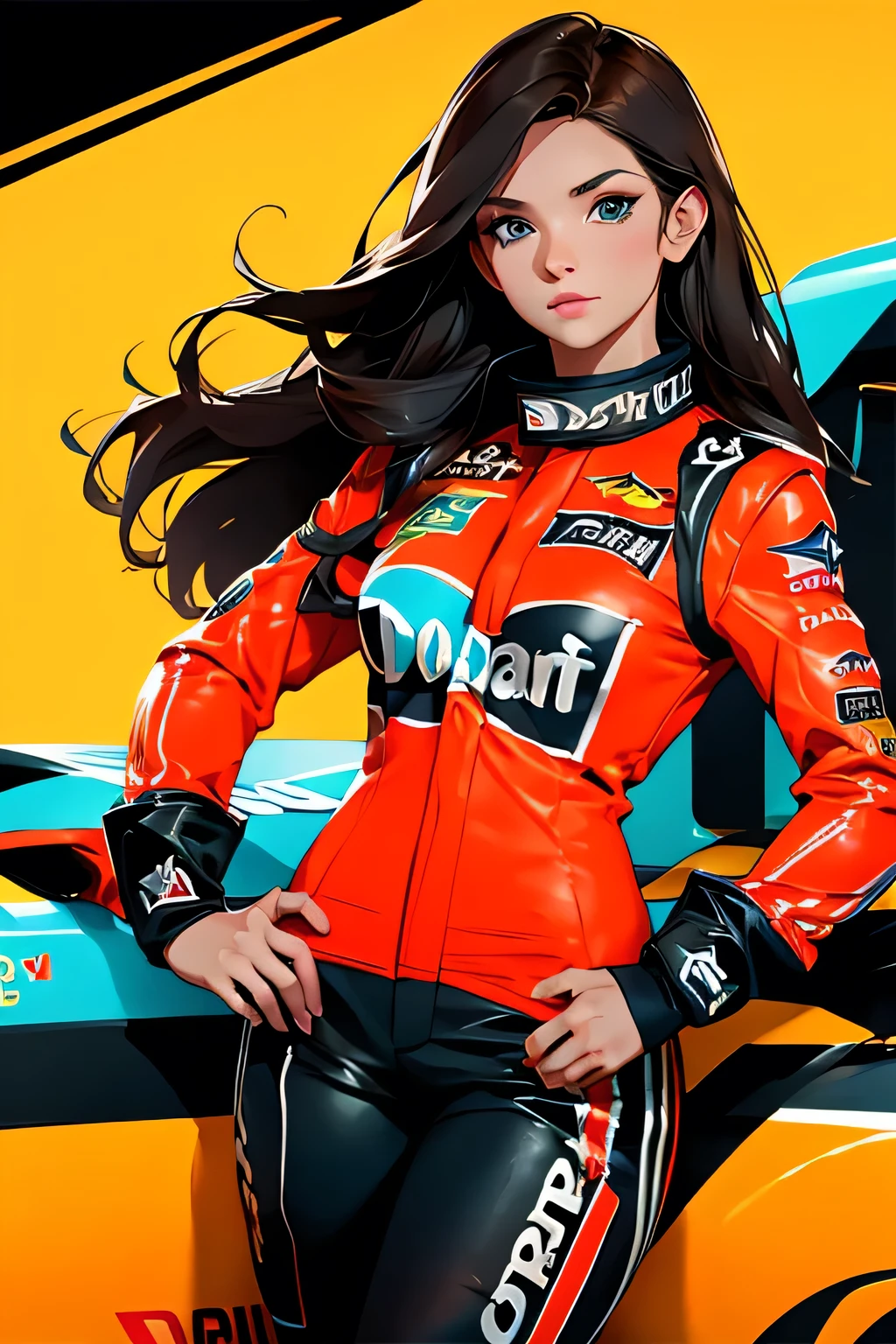 Beautiful brunette girl . She is 30 years old .black eyes . She's wearing a racing suit . She's driving a Formula One car . Participates in the .