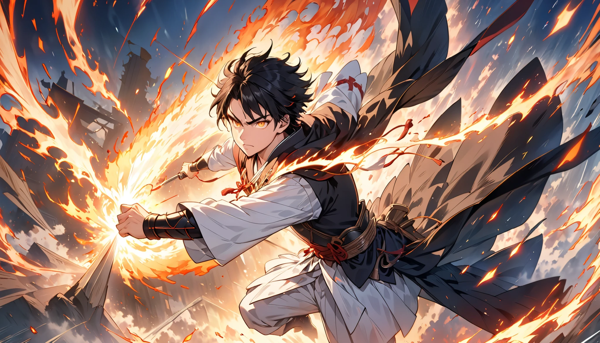 "A cinematic close-up of a black-haired young hero with piercing eyes, his face filled with unwavering determination, as he unleashes his ultimate attack. His powerful stance is dynamic, gripping his massive sword with both hands, mid-swing in a devastating downward slash. The blade radiates immense energy, engulfed in swirling flames, crackling lightning, and a celestial golden glow. The sheer force of his power distorts the air around him, creating shockwaves and streaks of blinding light. His flowing black cape and battle-worn armor reflect the glow of his weapon, illuminated by pulsating magical runes that spiral around him. The background is blurred with motion effects, as if space itself is bending from the unleashed energy. Fiery embers and arcane sparks fill the scene, emphasizing the raw intensity of the moment. The atmosphere is electrifying, capturing the defining moment before the ultimate strike is delivered, filled with tension, divine fury, and breathtaking visuals."