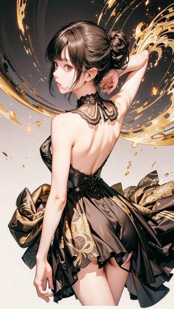 Back view, nude, ((1girl)), (gold jewelry: necklace, headgear, earrings), ((back to the screen)), looking at the audience, butterfly bone, holy vortex, thin waist and hips, (half photo: above the hips), (black hair, updo) --v 6