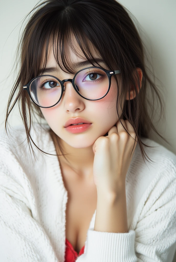 ((top quality)), ((傑top quality、masterpiece、High sensitivity、high definition、 detailed description、draw a delicate face)),(wearing glasses、、 ribbon tie around the neck、my breasts are big、D Cup、female college students、underwear、whole、panties with visible lines