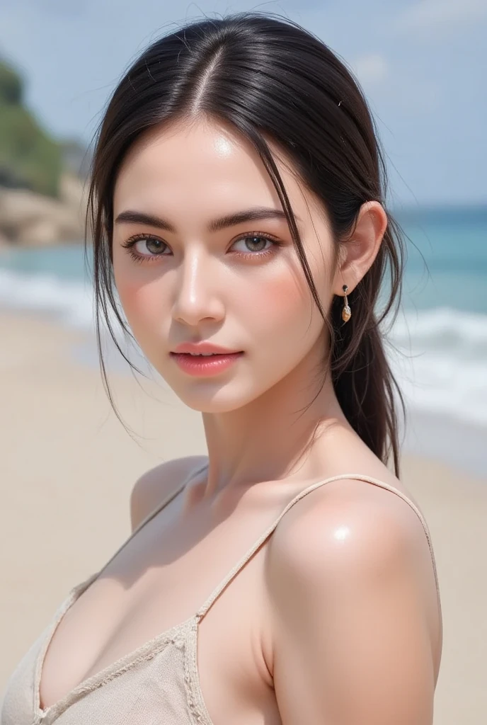 Highest quality, figure, Very detailed, In detail, High resolution, 8k wallpaper, Perfect dynamic composition, Beautiful attention to detail , Beach, Sexy Face,A face of ecstasy,The face at the peak of sexual arousal,Woman's face ,Beautiful feet,Huge boobs