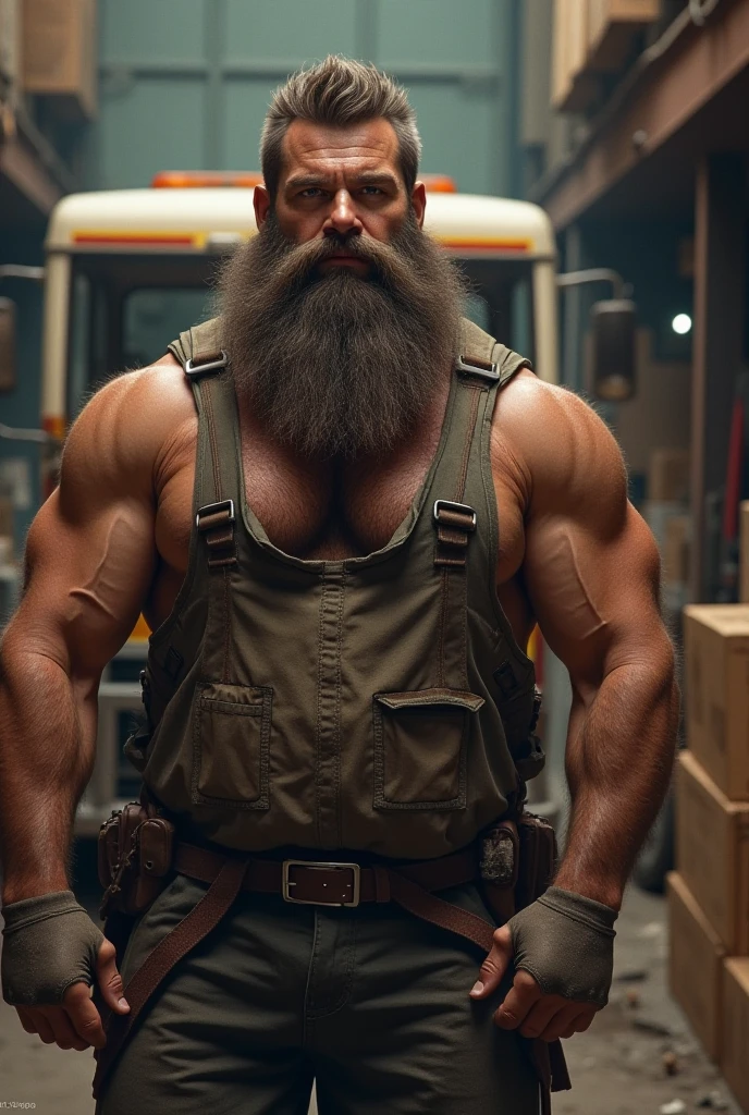 Man with an air conditioner on his left shoulder and a heineken in his right hand he is muscular and has a viking beard