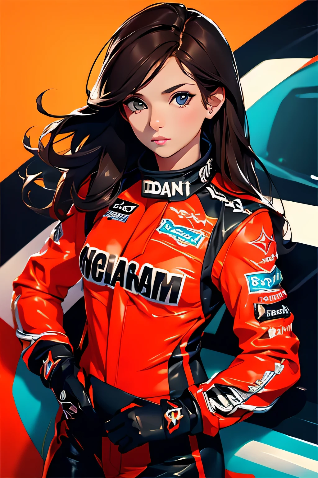 Beautiful brunette girl . She is 30 years old .black eyes . She's wearing a racing suit . She's driving a Formula One car . Participates in the .