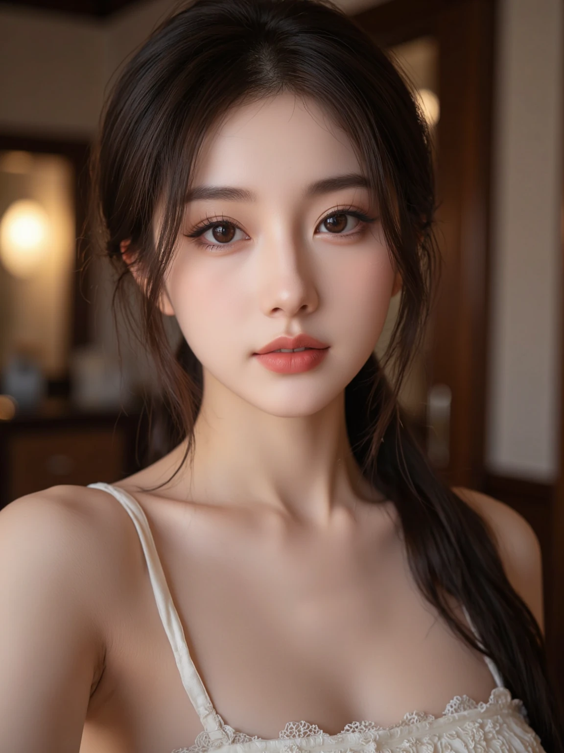 Highly detailed realism, (huge breasts), very delicate face, moist lips, (very long hair), innocent big eyes, detailed eyes, black micro lingerie, pose