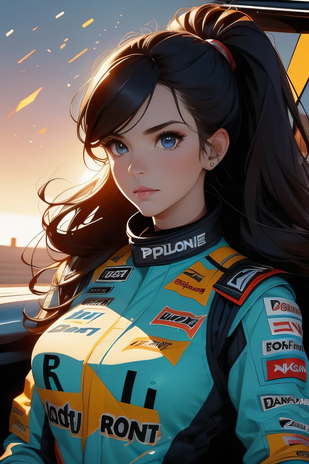 Beautiful brunette girl . She is 30 years old .black eyes . She's wearing a racing suit . She's driving a Formula One car . Participates in the .