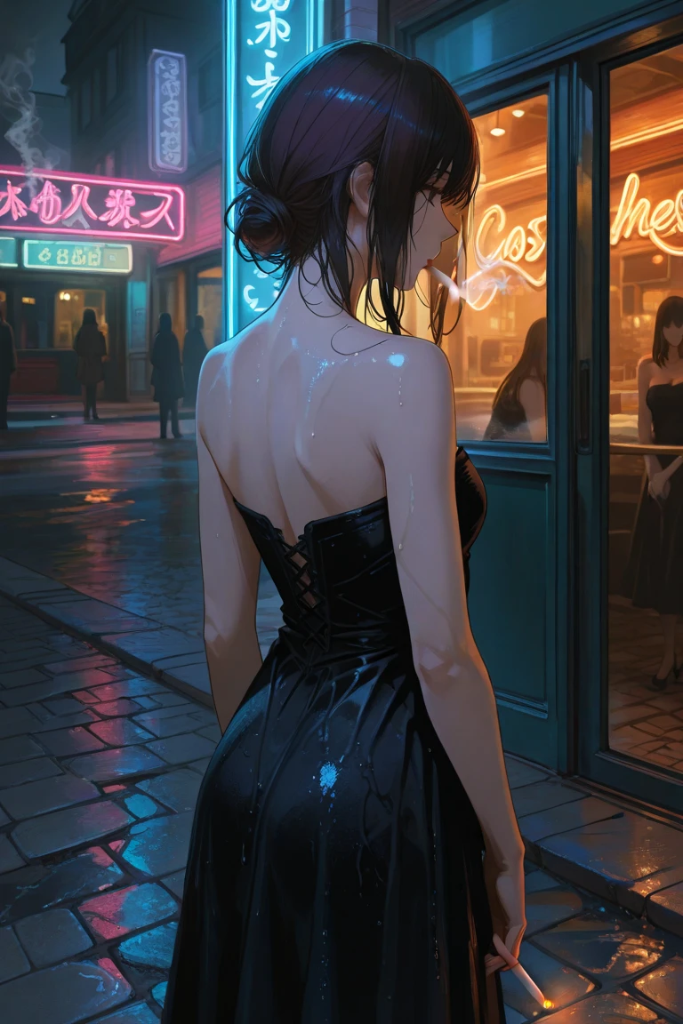 Women with short hair and ponytails wear sexy camisole clothes and short skirts black stockings,Stand in a chaotic dark alley,The feeling of loneliness,Refine the mess on the ground,smokes,Dimly lit,Back against the wall,Front side view,There were a few dim lights outside the alley,Two-dimensional style,flatillustration,Illustration style,Detailed 2D illustration,digital 2d illustration,Cartoon style illustration,2D illustration --auto