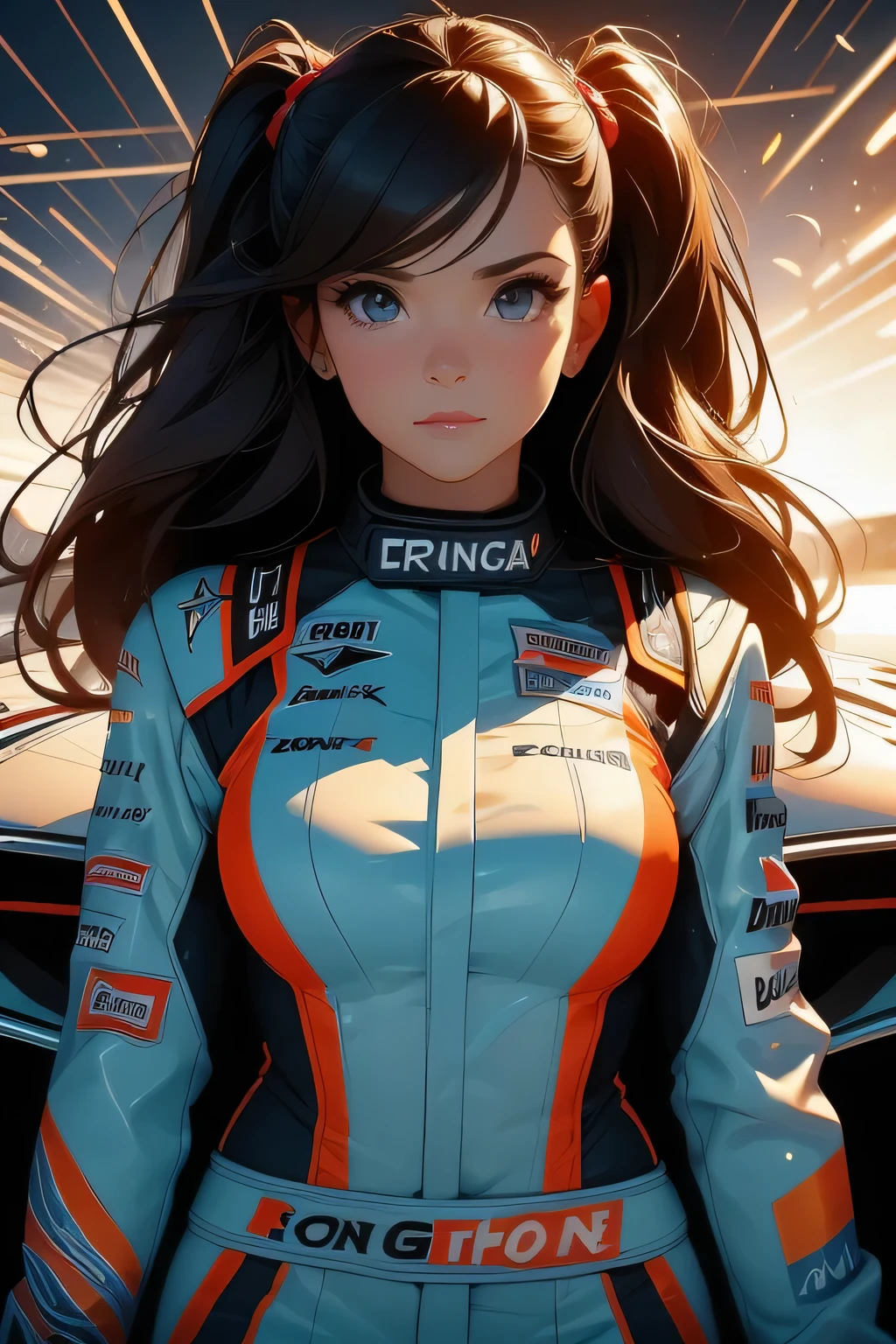 Beautiful brunette girl . She is 30 years old .black eyes . She's wearing a racing suit . She's driving a Formula One car . Participates in the .