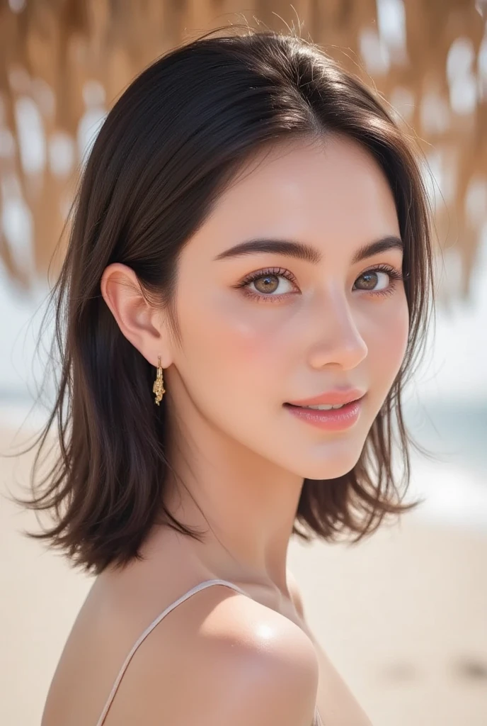 (Realistic:1.1),(Masterpiece,highest quality),8k,(44 years old Laura Stevka), Tight waist,Upper body,(((On the beach on a lee in the foreground the sea)) Perfect anatomy,Brown hair,Short hair,Random hairstyles,((very detailed face and eyes:1.2))