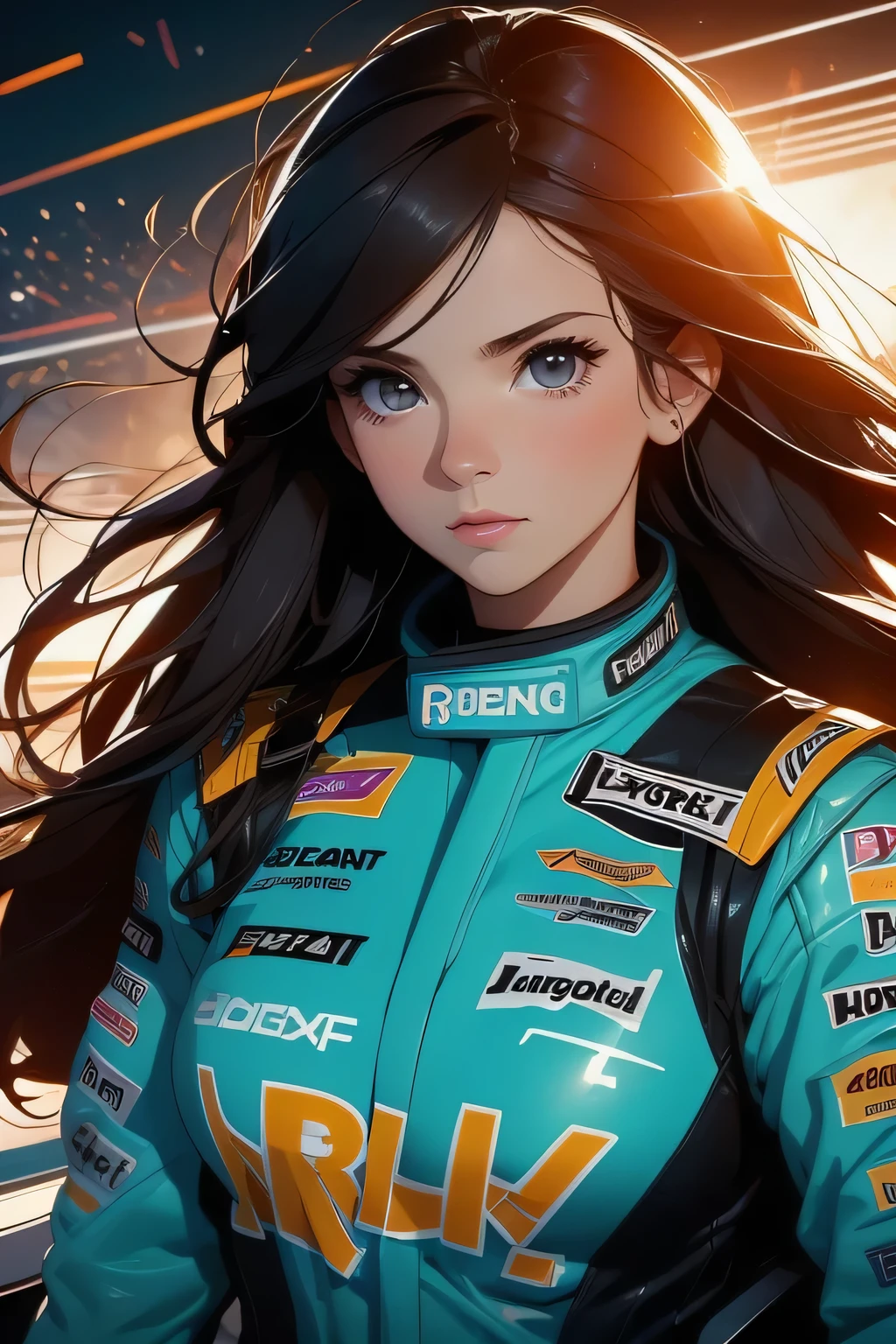 Beautiful brunette girl . She is 30 years old .black eyes . She's wearing a racing suit . She's driving a Formula One car . Participates in the .