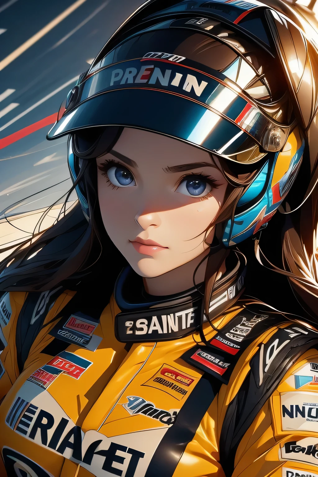 Beautiful brunette girl . She is 30 years old .black eyes . She's wearing a racing suit . She's driving a Formula One car . Participates in the .