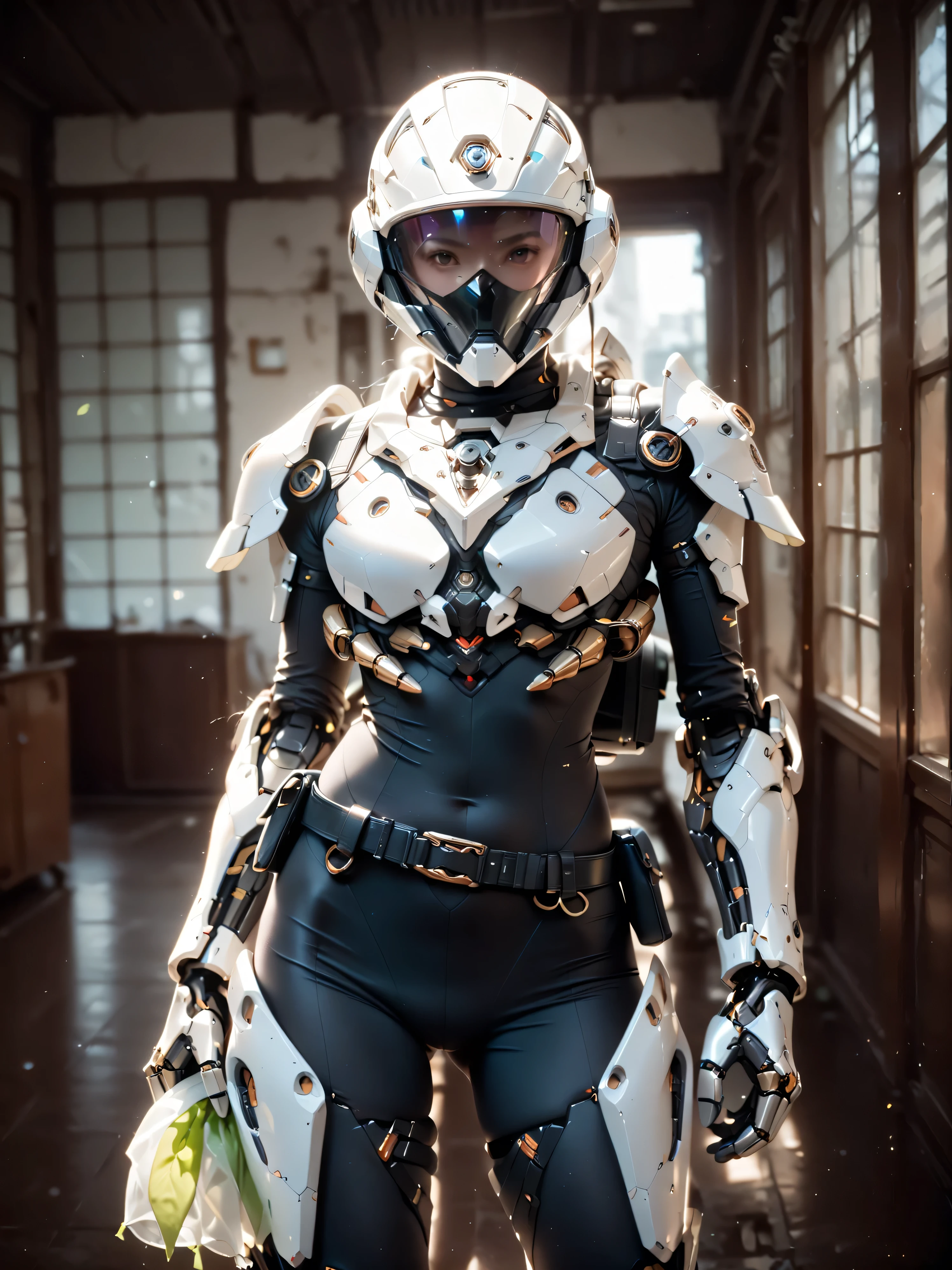 Fraction _9, Fraction _8_up , Fraction _7_up ,Sup er Detailed, Absolute determination , Realistic Price, realistic,
【32K,masterpiece,Best Quality,Ultra HD Quality,(whole body wearing matte grey mechanical armors), mechanical chest, mechanical shoulder armor, mechanical legs, mechanical boots, mechanical arms, tactical helmet, tactical belt, backpack, pantyhose, inside ancient Chinese room,
(Holding a green handkerchief on the hand), close-up ,