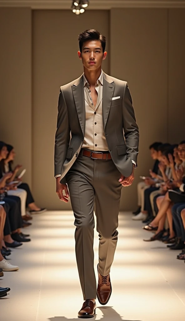 Full body man standing super realistic parading on a fashion runway blonde body robust and full-bodied wearing an elegant and modern outfit very muscular body about 20 years