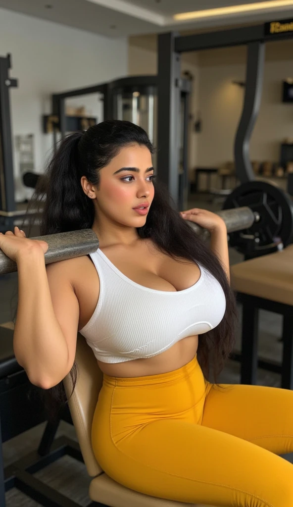 A Thick Busty Curvy pakistani girl wear bra , looking_at_viewer, smile,realistic, necklace, earrings, cleavage_cutout,gym,full body portrait of girl