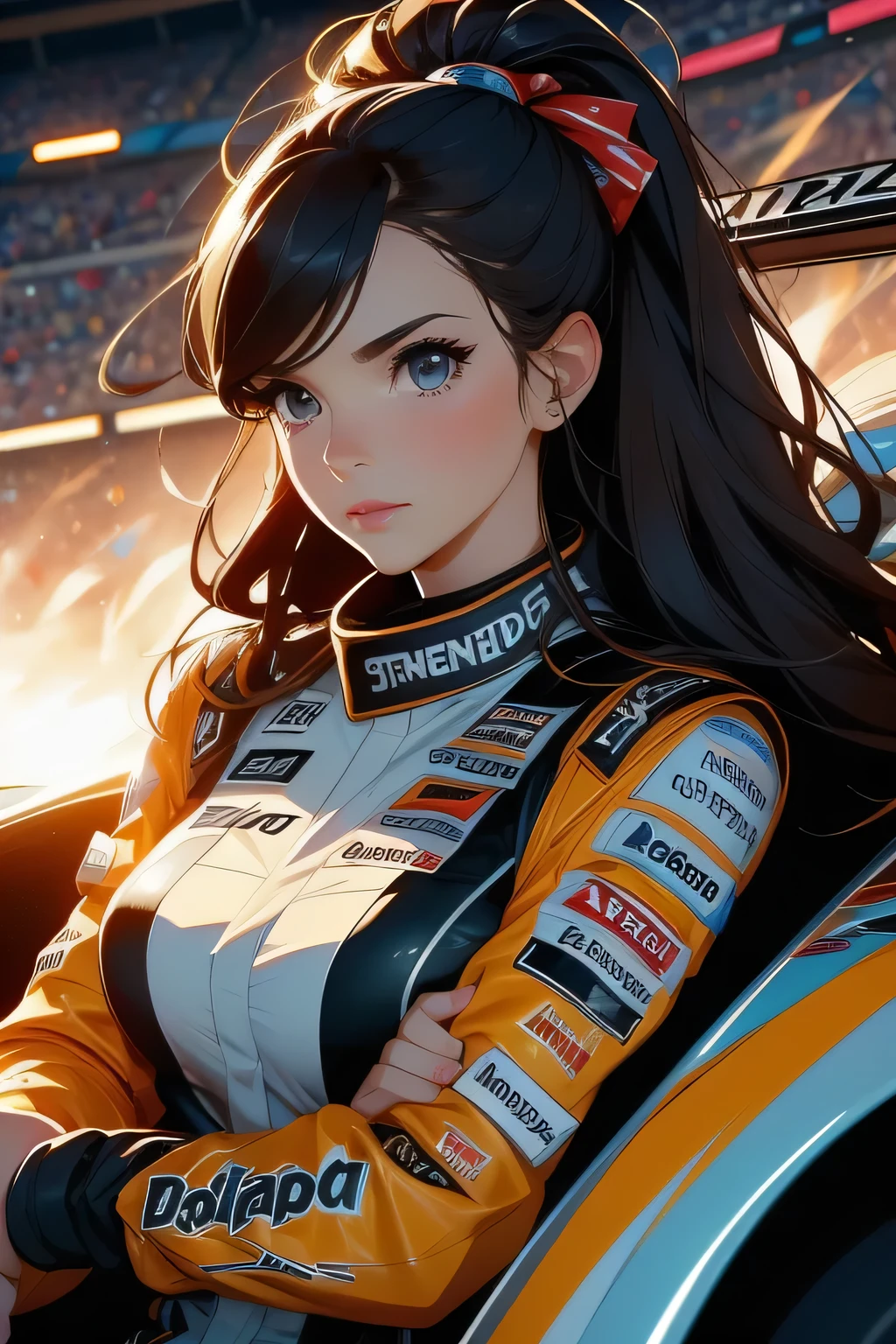 Beautiful brunette girl . She is 30 years old .black eyes . She's wearing a racing suit . She's driving a Formula One car . Participates in the .