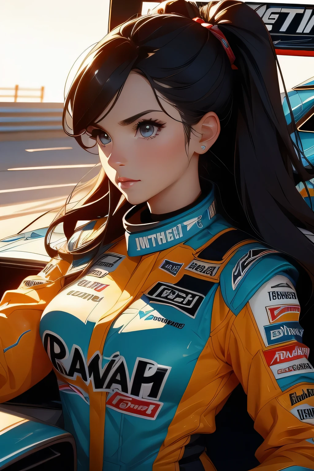 Beautiful brunette girl . She is 30 years old .black eyes . She's wearing a racing suit . She's driving a Formula One car . Participates in the .