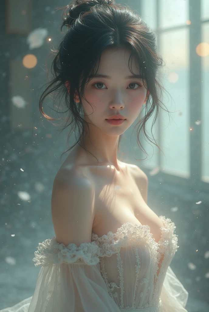 full body picture,best quality, masterpiece, highres, 1girl, sexy lace lingerie, cotton transparennt robe, hair ornament, dress,hair ornament, necklace, jewelry, japanese clothes, under , unbuttoned , short hair, earrings, detailed beautiful eyes,detailed eyelash, Beautiful face,upon_body,beautiful pussy, leg spread, tyndall effect,photorealistic, rim lighting, two tone lighting,(high detailed skin:1.2), 8k uhd, dslr, soft lighting, high quality, volumetric lighting, candid, Photograph, high resolution, 4k, 8k, Bokeh, in garden, falling snow, winter, (gigantic breasts:1.25)