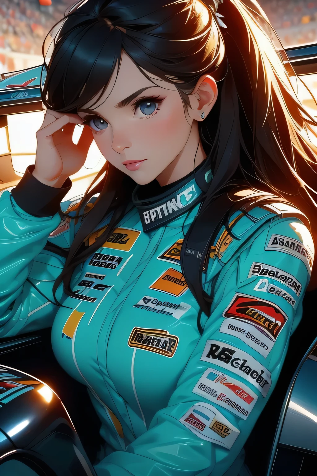 Beautiful brunette girl . She is 30 years old .black eyes . She's wearing a racing suit . She's driving a Formula One car . Participates in the . 