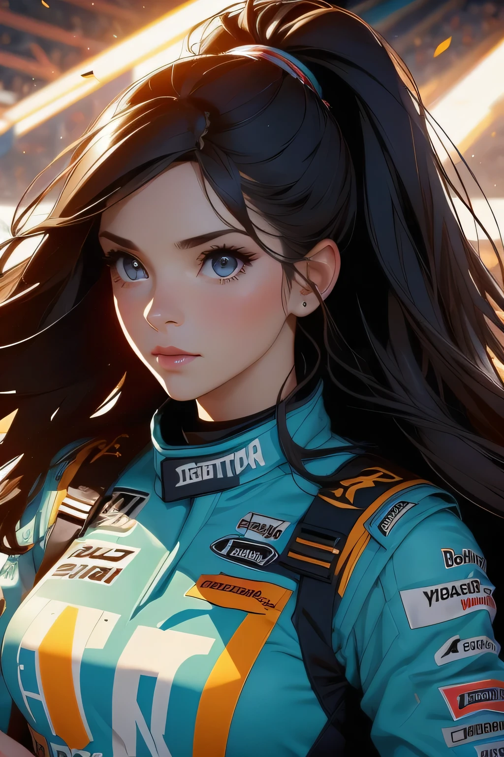 Beautiful brunette girl . She is 30 years old .black eyes . She's wearing a racing suit . She's driving a Formula One car . Participates in the . 