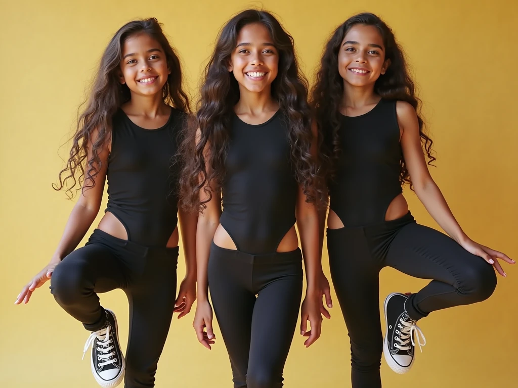 A group of five italian 10 years old Little girls , standing, barefeet, black yoga pants,  smile, Restaurant kitchen