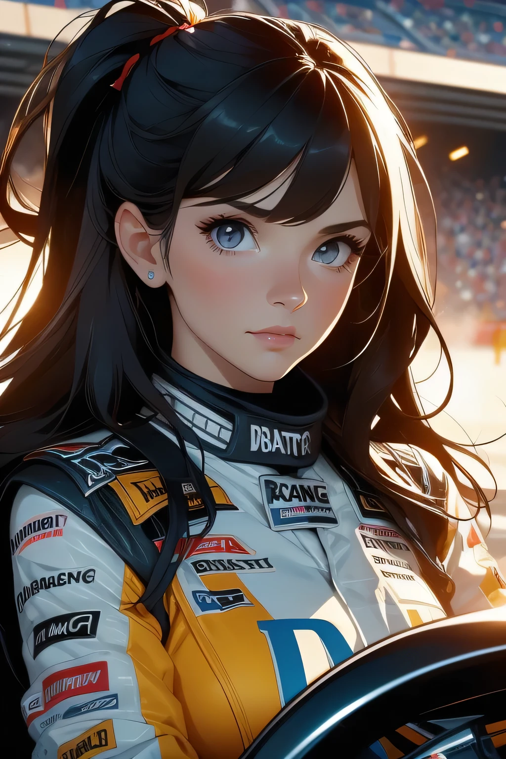 Beautiful brunette girl . She is 30 years old .black eyes . She's wearing a racing suit . She's driving a Formula One car . Participates in the .