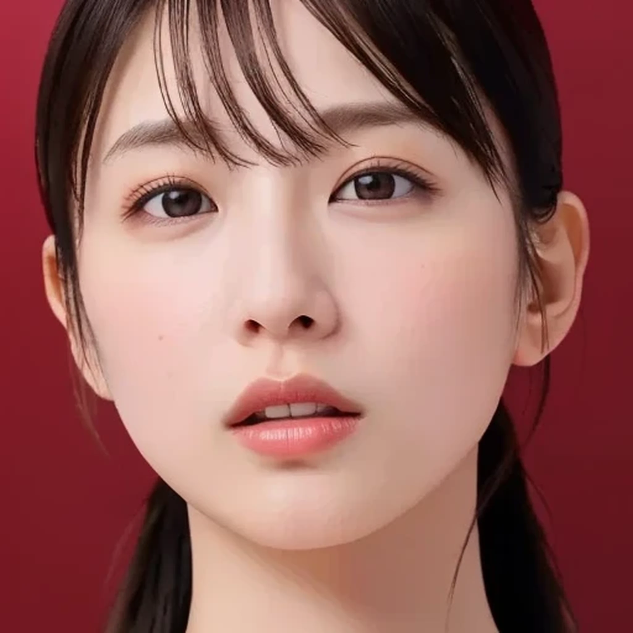 (masterpiece, best quality, perfect anatomy, high definition, 8k, realistic, photorealistic, natural skin texture:1.2), 1 girl, Alone, Japanese, Age 20, Ordered , parted lips, sharpen your lips, Face Up, from the front , nudes, SPOTLIGHTING, red background