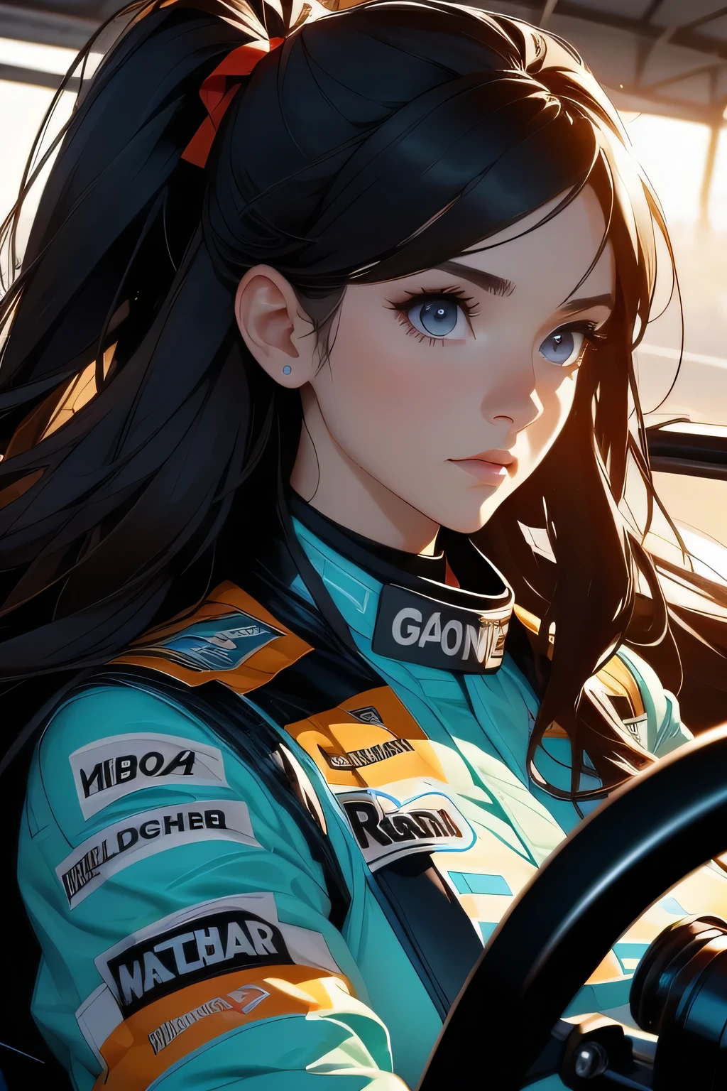 Beautiful brunette girl . She is 30 years old .black eyes . She's wearing a racing suit . She's driving a Formula One car . Participates in the .