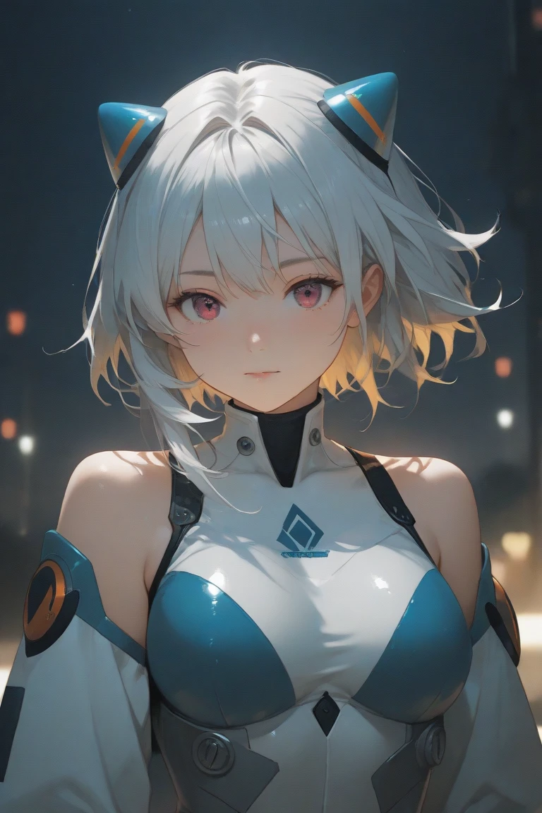 Masterpiece, high resolution, highres, 8k, best quality,(1 male), cute, innocent pale skin, otokonoko, blind, long fluffy white hair in a side-swept style smooth, {petite body}, flat chest, {{{flat chested}}}, {grey bodysuit}, {full bodysuit}, (close up), {{futuristic library background}}, fox ears, fox tail, empty eyes, grey eyes