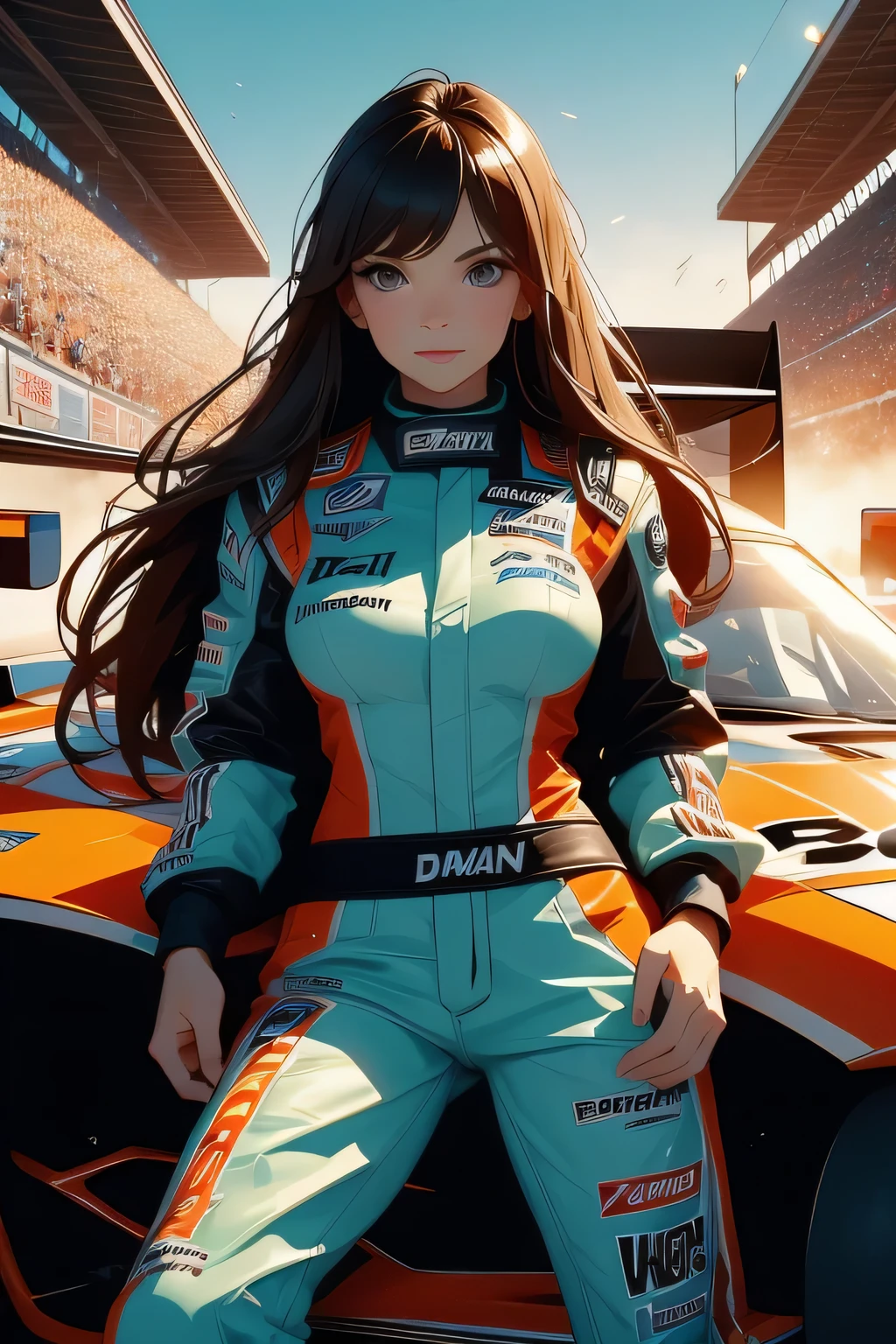 Beautiful brunette girl . She is 30 years old .black eyes . She's wearing a racing suit . She's driving a Formula One car . Participates in the .