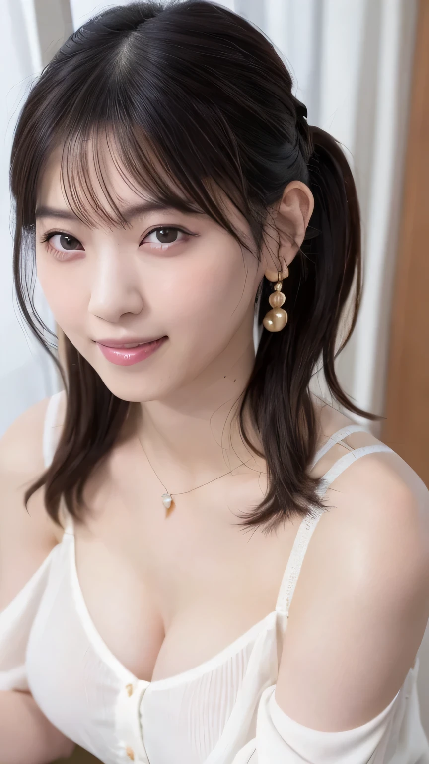 masterpiece, (photoGenuineistic: 1.4), highest quality, Beautiful lighting, Single woman, alone, jewelry, Earrings, (black eye、Big eyes:1.2), (Brown Hair、ponytail、Wavy Hair:1.2), Outdoor, Big Breasts, Scapula, sparkling lips,smile、sunset,Genuine, bangs, (Golden ratio face、plump lower lip:1.2)、Detailed eyes、Detailed nose、Fine ears、Wet glossy lips detail、cloud, Color Stone Necklace, (Big Breasts:1.8),(CG Unity 8k high resolution wallpaper), Complex, High detail, Sharp focus, dramatic, beautiful girl, (Wrap your whole body in body soap:1.8)、(A woman in a swimsuit enjoying the calm sea:1.3)、(White towel hairband:1.4)、(Look straight ahead:1.8)