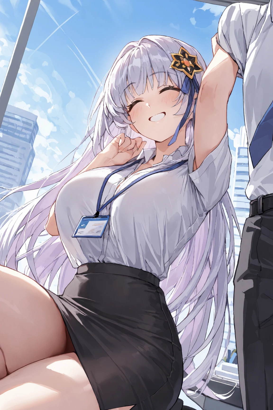 Sex , White hair, black red eyes, semi nude, hypnosis, cum on body, city, adult big breasts small ass, White shirt, black tie, excellent photo quality, Anime graphics, long hair angel