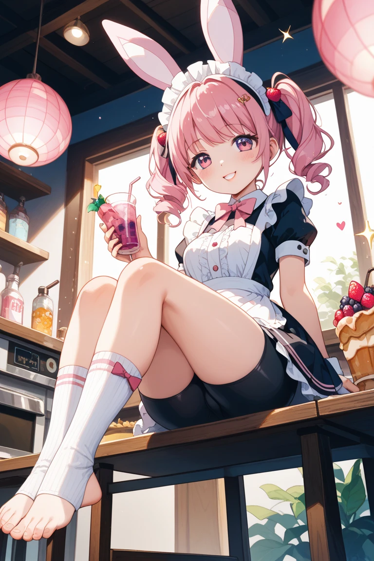 (from the front), Fisheye Lens, Beautiful girl at 24 years old, Curvy, Large Breasts, Underbust, (Kneeling on the round table), (On the table:1.5), (Leg spread), (Pee in a cup:1.5), (Cup between the legs:1.3), (Classic puffy short sleeve ruffled blouse), (Pink mini skirt), (Pink Maid Apron), (Button-down shirt), (Neck Ribbon Button Gap)+ Thighs, High heels, Put your arms behind your back, (View your viewers:1.5), (Embarrassing:1.3), (Smile), (vapor:1.3), (Girl trembling with sexual climax:1.3), Middle Hair, Pink Hair, High Ponytail, Wavy Hair, Glowing Skin, (coffee shop), window, morning, (crowd:1.3), (masterpiece, highest quality, High resolution:1.3), Perfect Anatomy